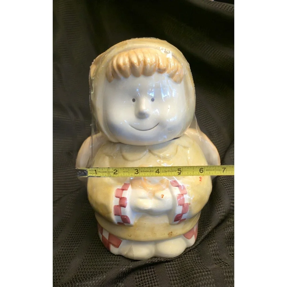 NEW Vintage Design Pac Angel Cookie Jar Beige Red Plaid Heart Wings